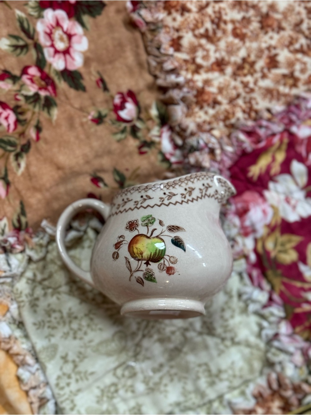 Cream Ceramic Apple Motif Pitcher - Charming Tabletop Accent
